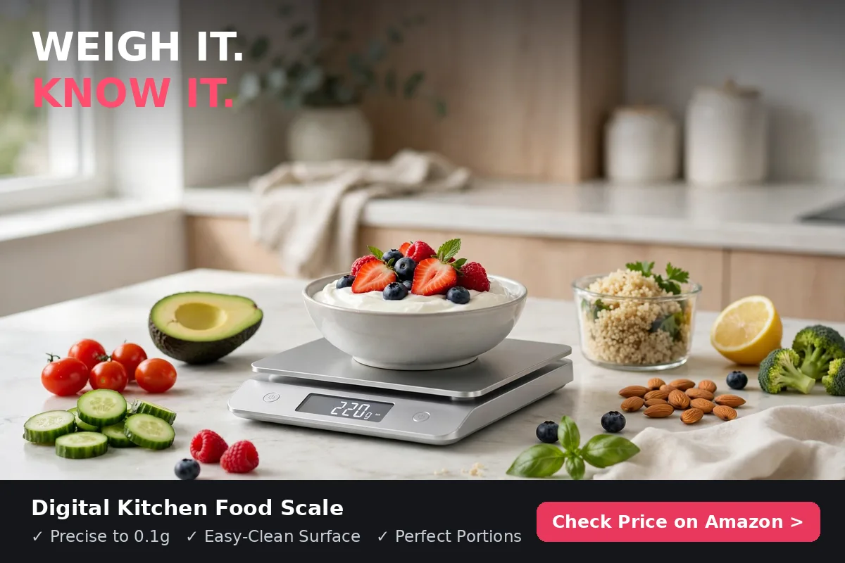 Digital kitchen food scale weighing a bowl of yogurt and berries for accurate portions