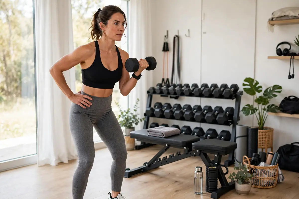 Woman doing dumbbell strength training in a home gym