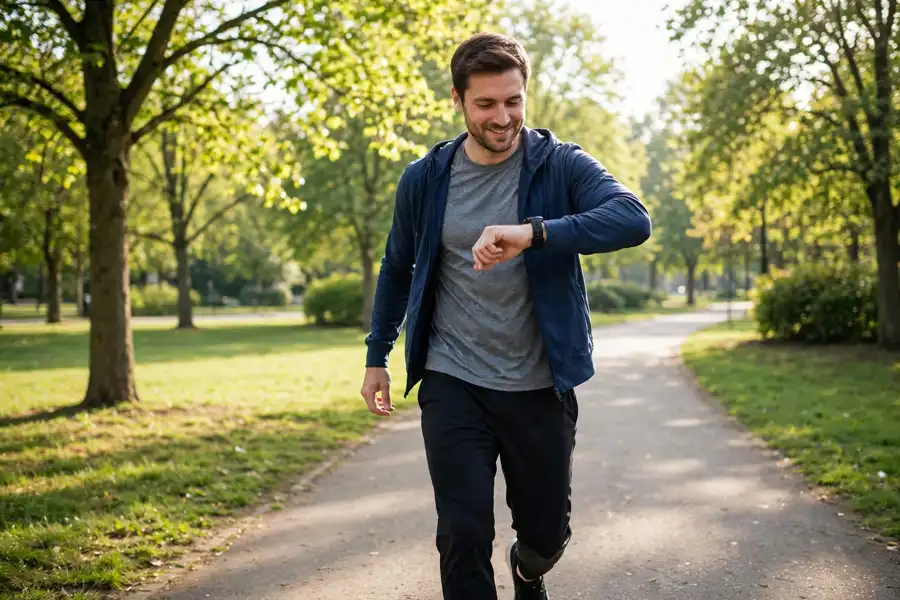 Man walking in a park checking his fitness watch step count