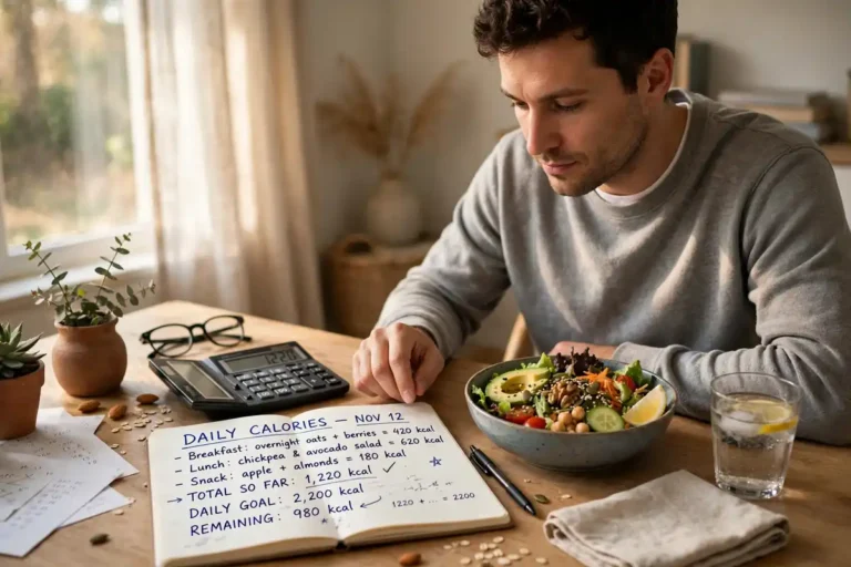 Person calculating their TDEE with a calculator, notebook and healthy meal at a desk