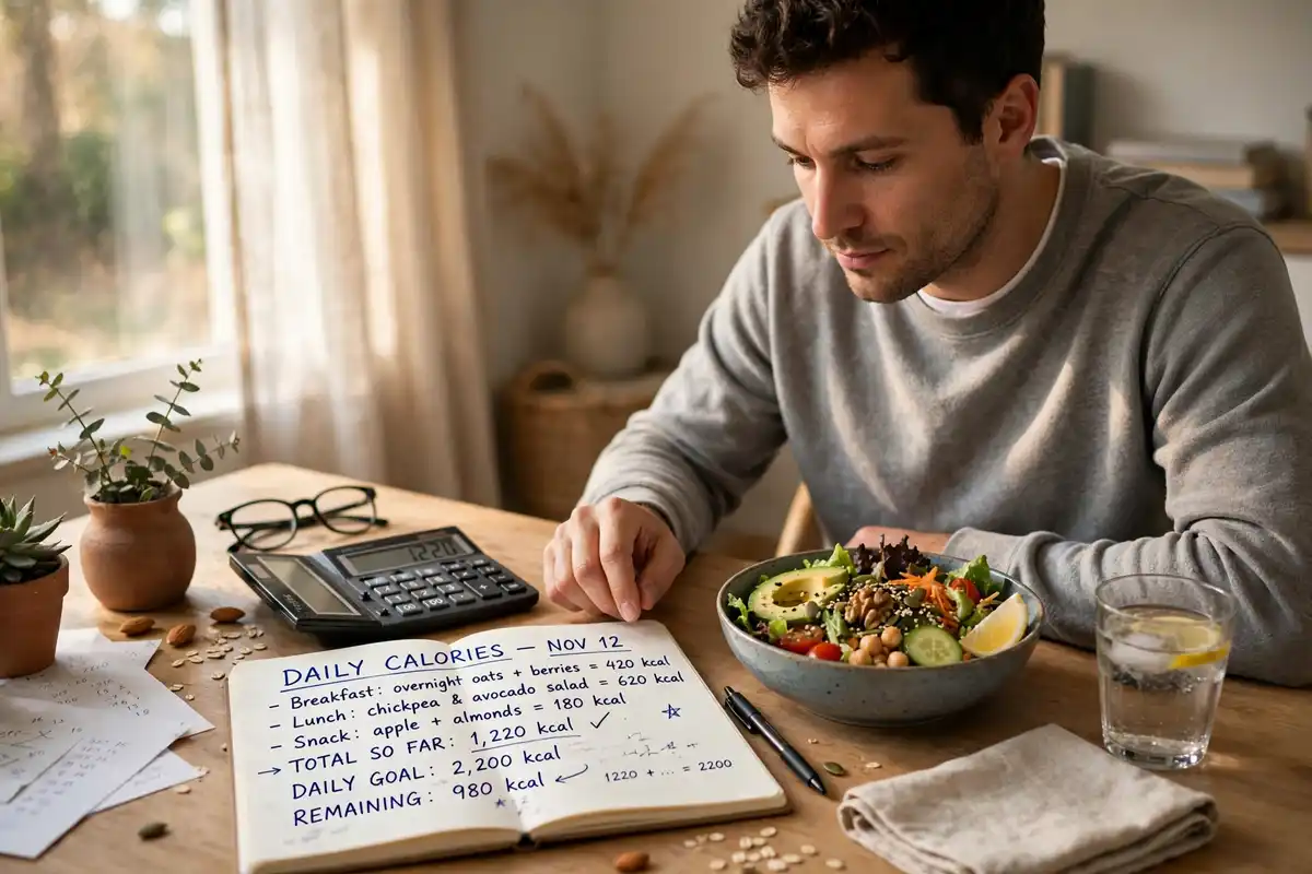Person calculating their TDEE with a calculator, notebook and healthy meal at a desk