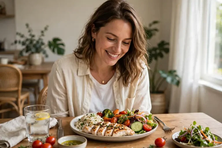 Woman enjoying a full balanced meal of chicken, rice and vegetables at home