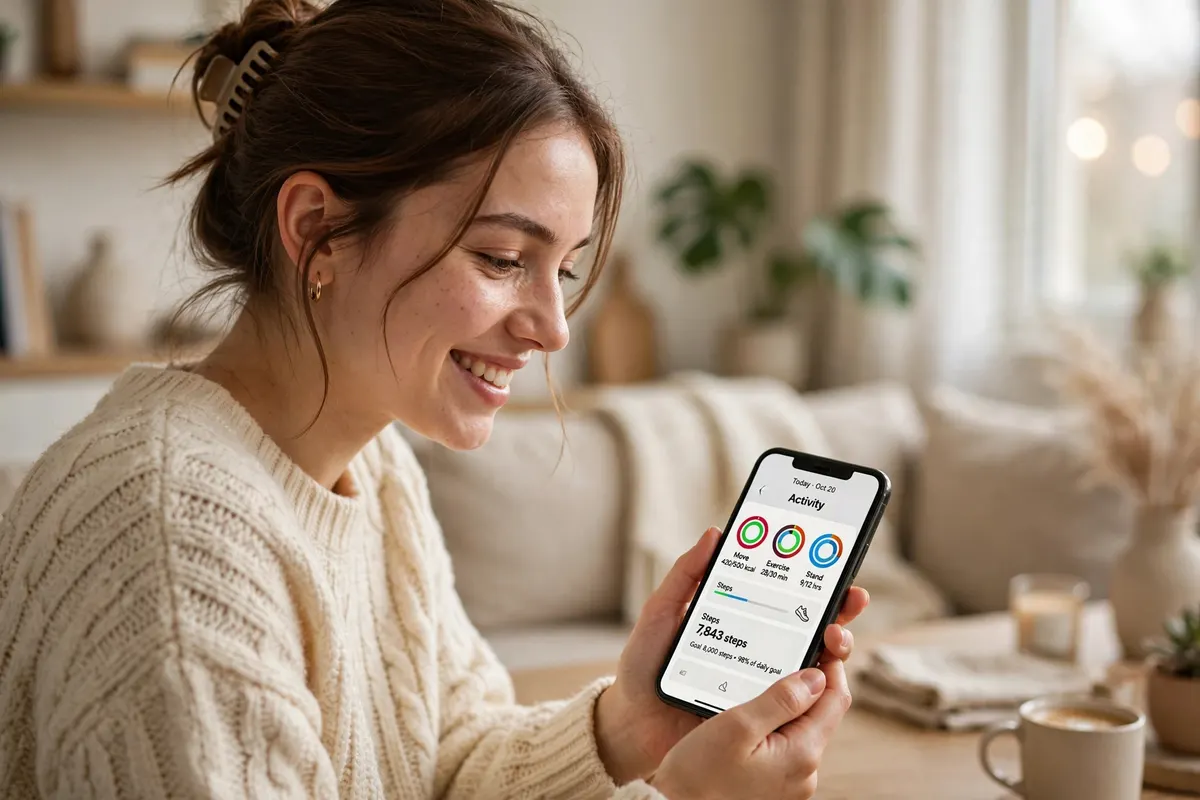 Woman checking her daily calorie burn on a fitness app on her phone