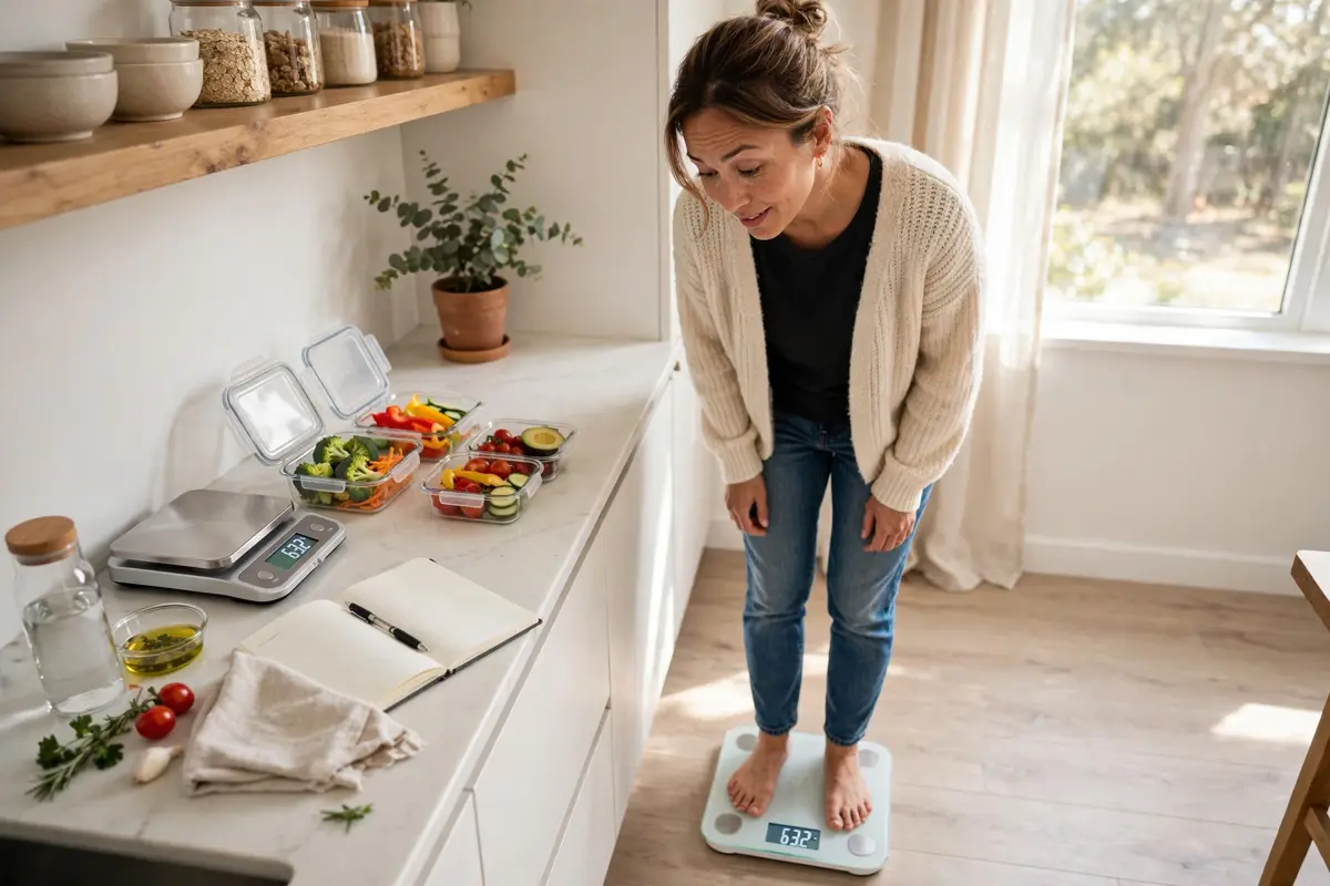 Woman standing on a scale in her kitchen looking puzzled while dieting on a calorie deficit